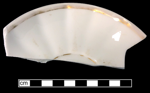 Continental European hard paste porcelain panelled handled cup and saucer with gold gilt rim. Cup rim diameter: 3.75&rdquo;, Saucer rim diameter: 5.50&rdquo;, from 18BC27, Feature 30.